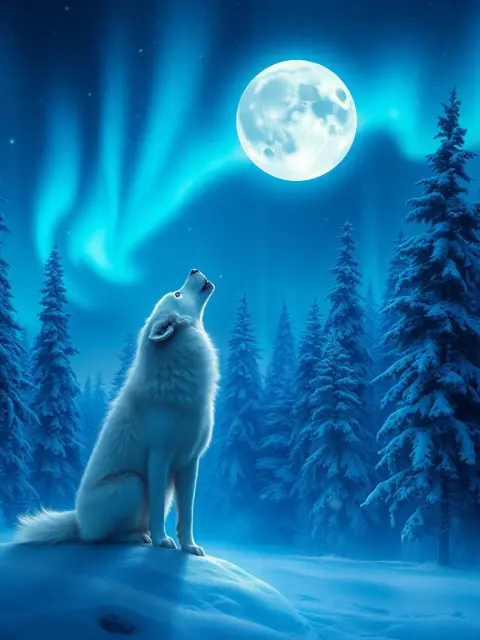 Mystical white wolf howling under northern lights — fantasy AI art generated by LUNA AI art generator